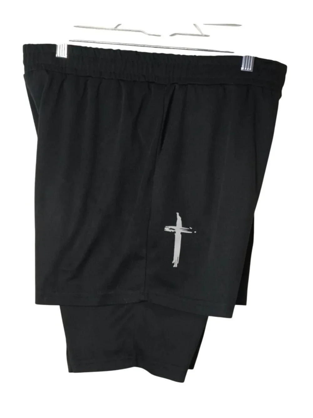 Faith Womens L 2N1 Athletic Shorts Black Pockets Elastic Cross Graphic NOTW